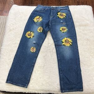 Misslook Vintage High Waisted Painted Sunflower Straight Leg Baggy Jeans Medium